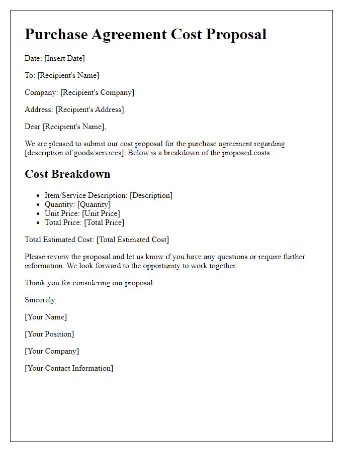 Letter template of purchase agreement cost proposal