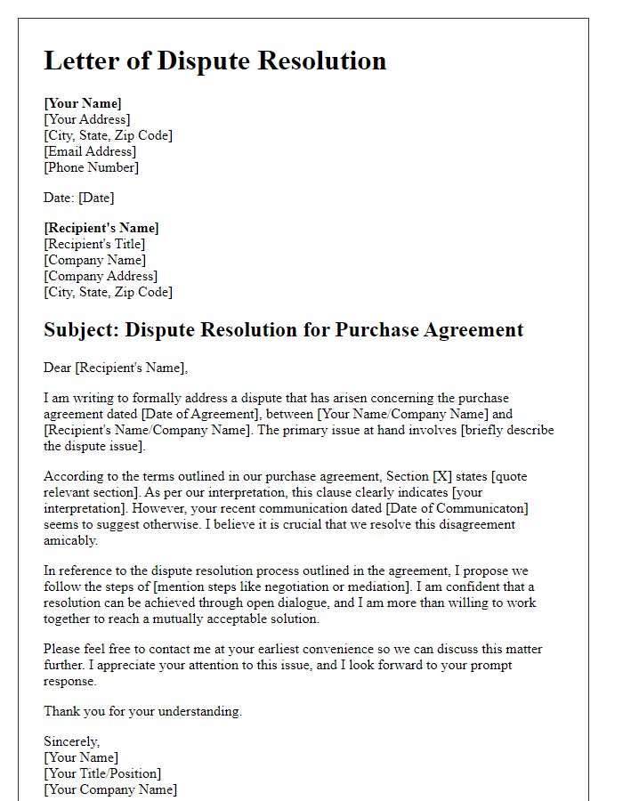 Letter template of purchase agreement dispute resolution