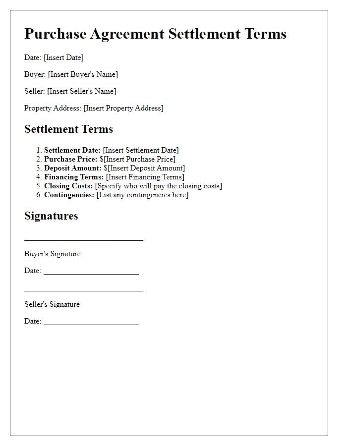 Letter template of purchase agreement settlement terms