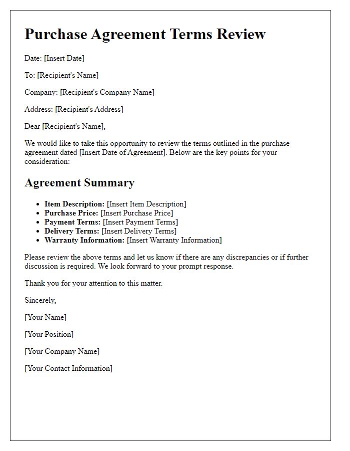 Letter template of purchase agreement terms review