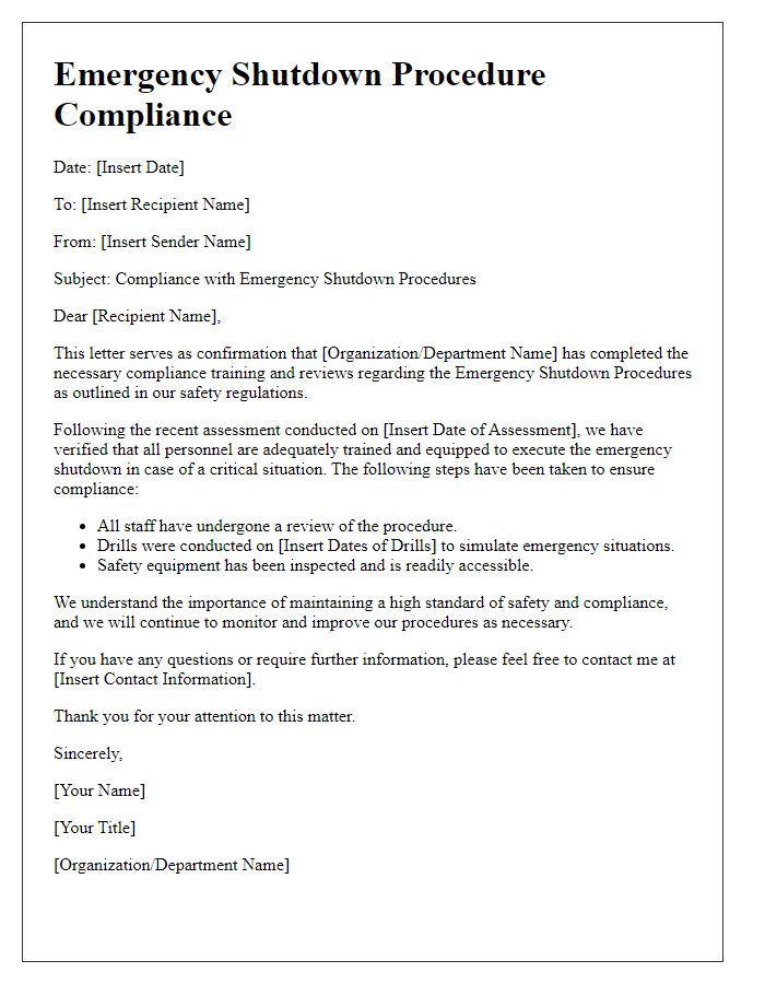 Letter template of emergency shutdown procedure compliance