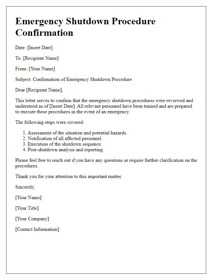 Letter template of emergency shutdown procedure confirmation