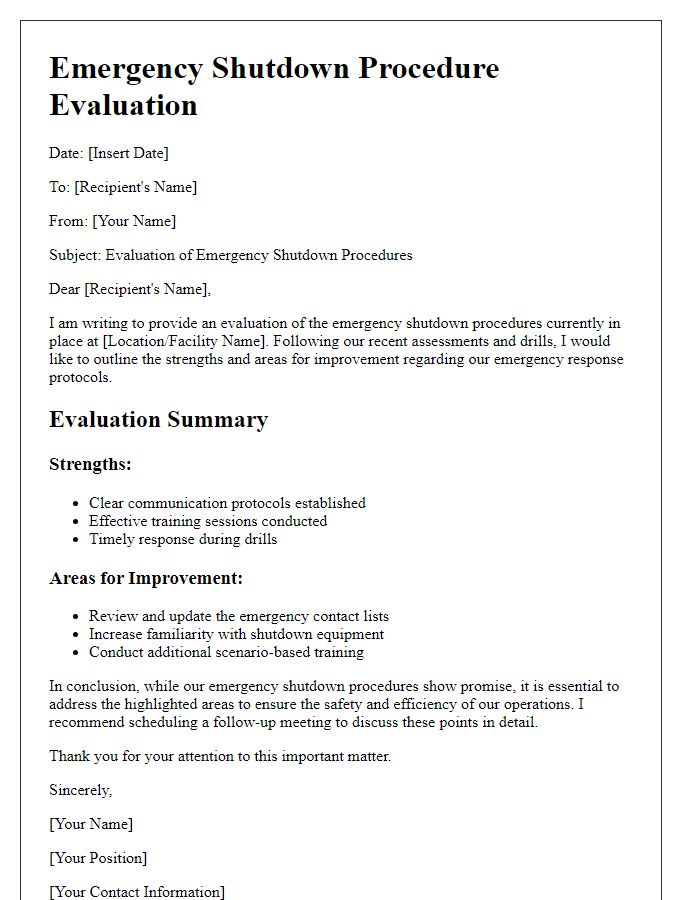 Letter template of emergency shutdown procedure evaluation