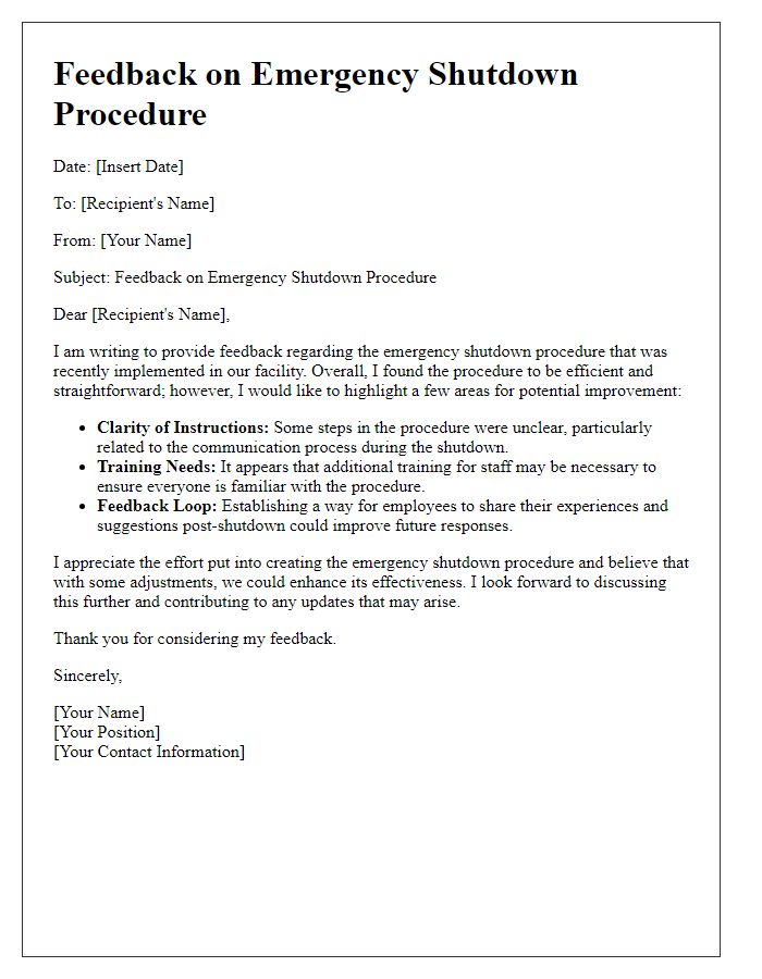 Letter template of emergency shutdown procedure feedback