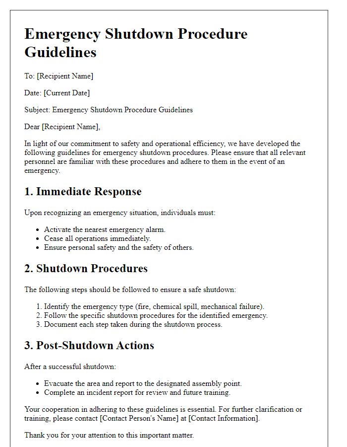 Letter template of emergency shutdown procedure guidelines