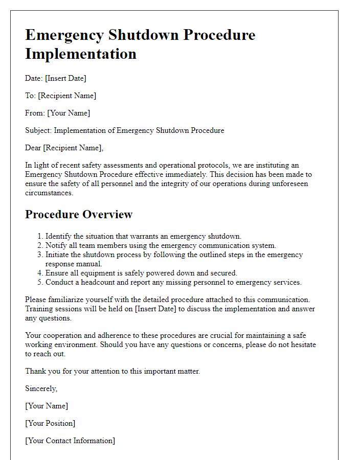 Letter template of emergency shutdown procedure implementation