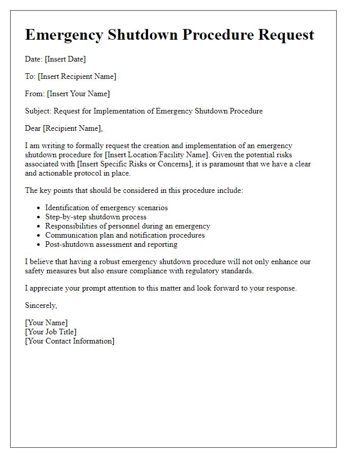 Letter template of emergency shutdown procedure request