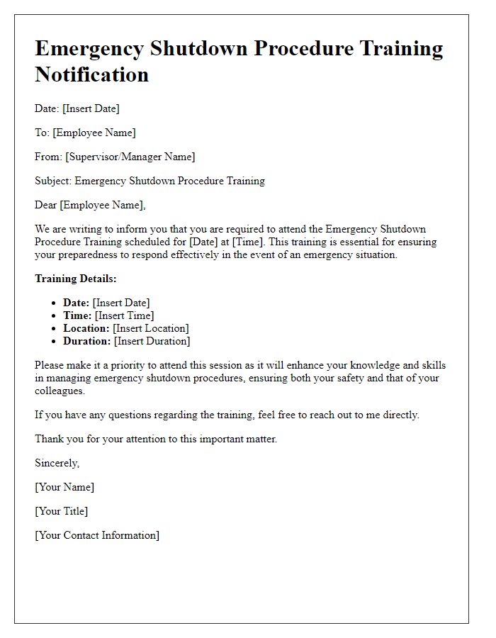 Letter template of emergency shutdown procedure training