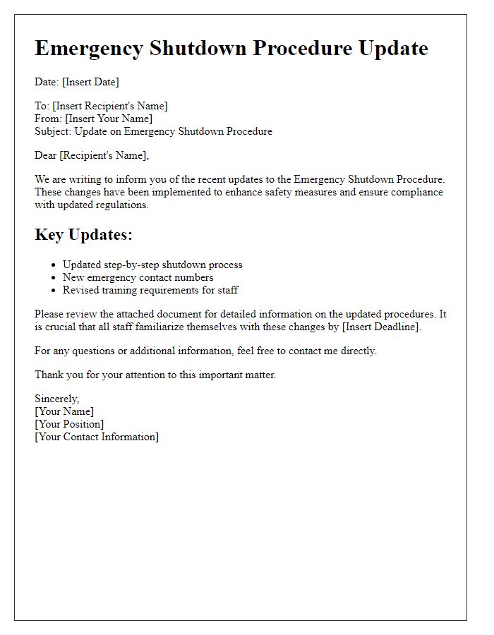 Letter template of emergency shutdown procedure update