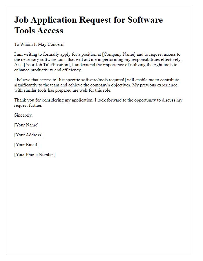 Letter template of job application requesting access to software tools