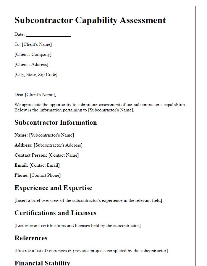 Letter template of subcontractor capability assessment.