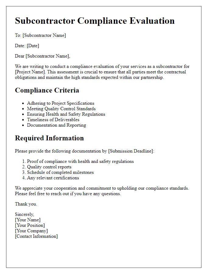 Letter template of subcontractor compliance evaluation.