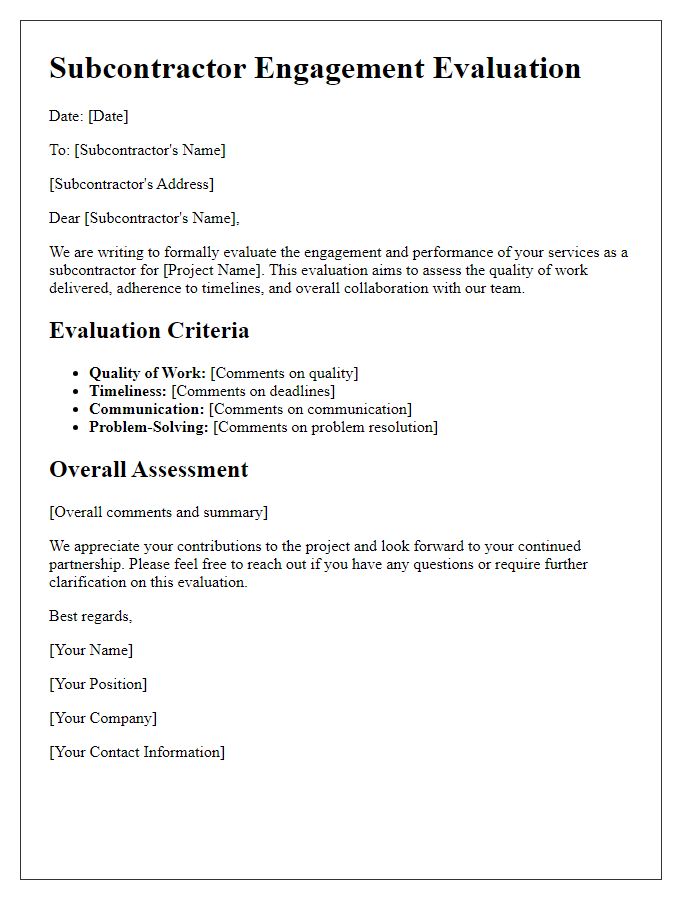 Letter template of subcontractor engagement evaluation.