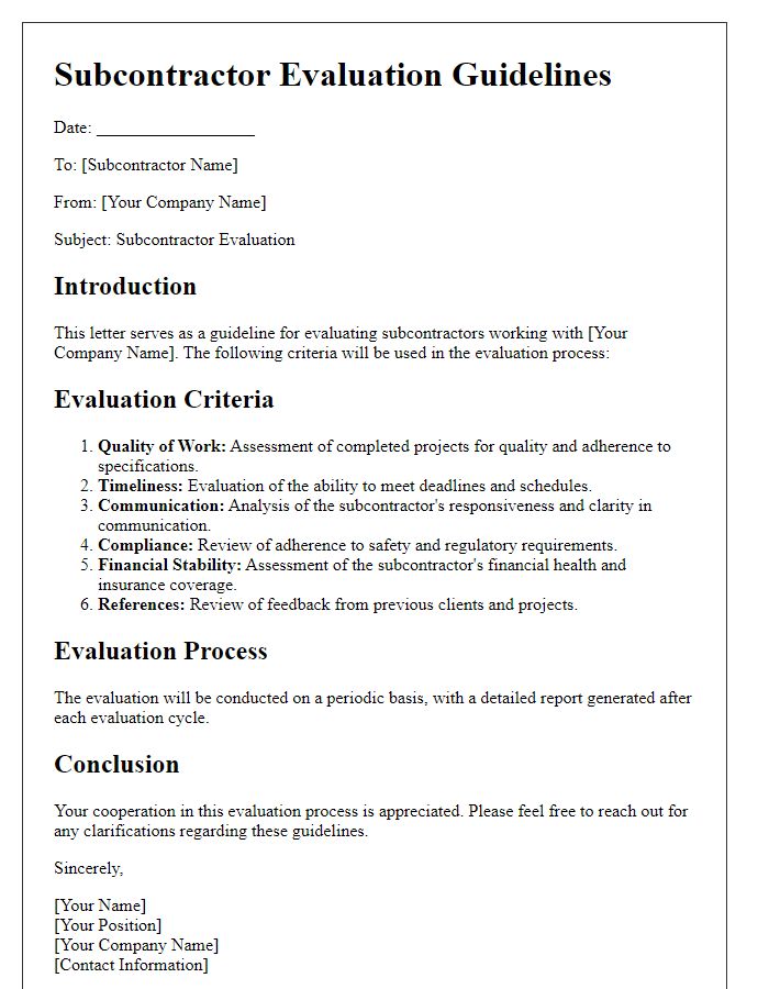 Letter template of subcontractor evaluation guidelines.