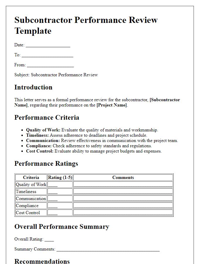 Letter template of subcontractor performance review standards.