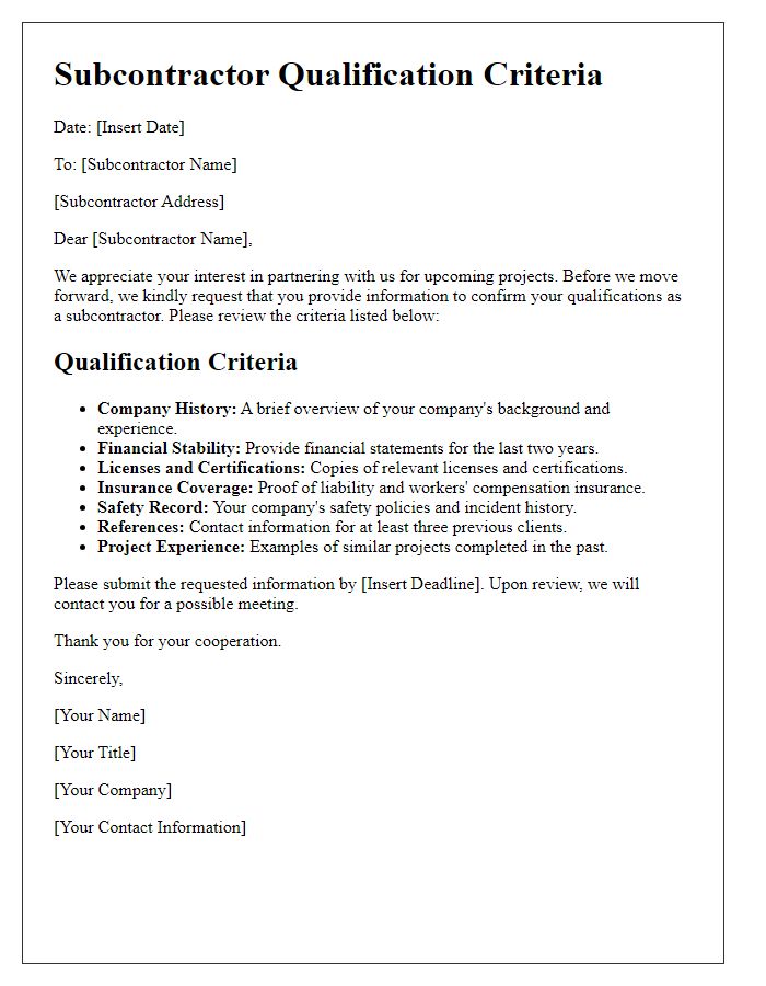 Letter template of subcontractor qualification criteria.