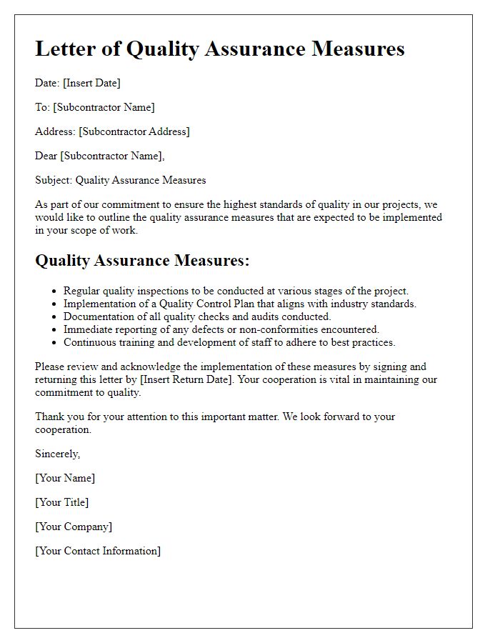 Letter template of subcontractor quality assurance measures.