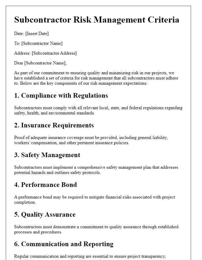 Letter template of subcontractor risk management criteria.