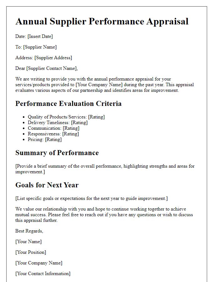 Letter template of annual supplier performance appraisal