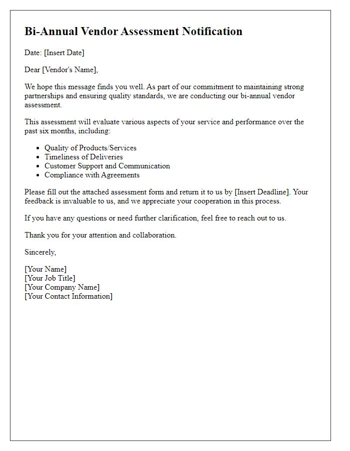 Letter template of bi-annual vendor assessment notification