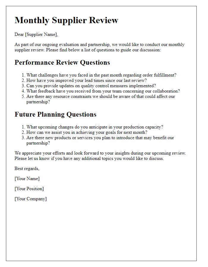 Letter template of monthly supplier review question guide