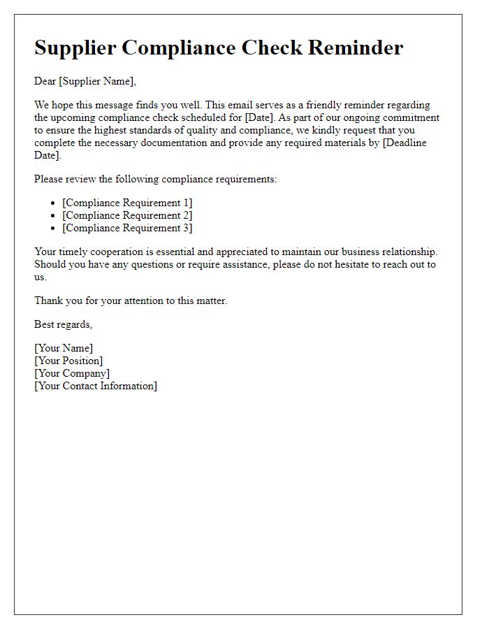 Letter template of supplier compliance check reminder