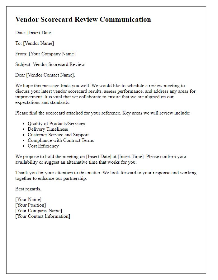 Letter template of vendor scorecard review communication