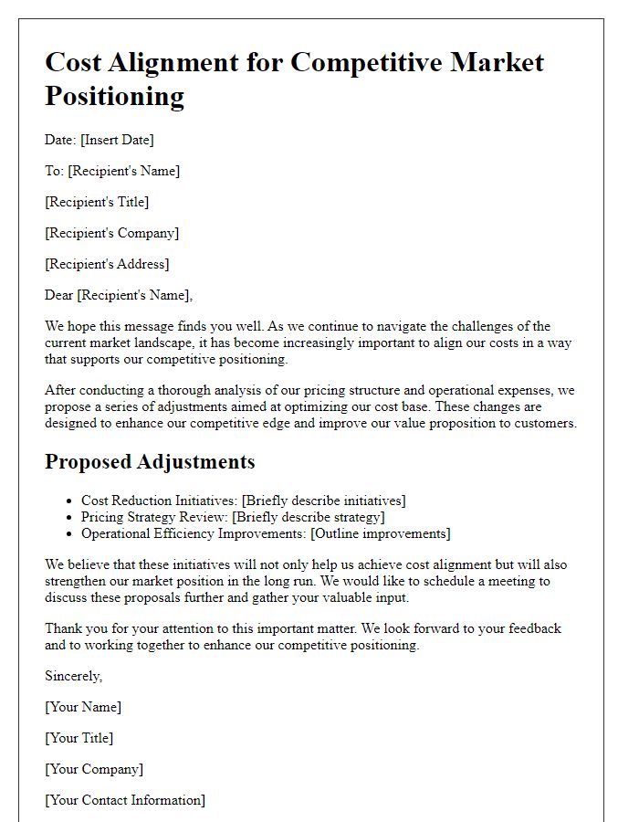 Letter template of cost alignment for competitive market positioning