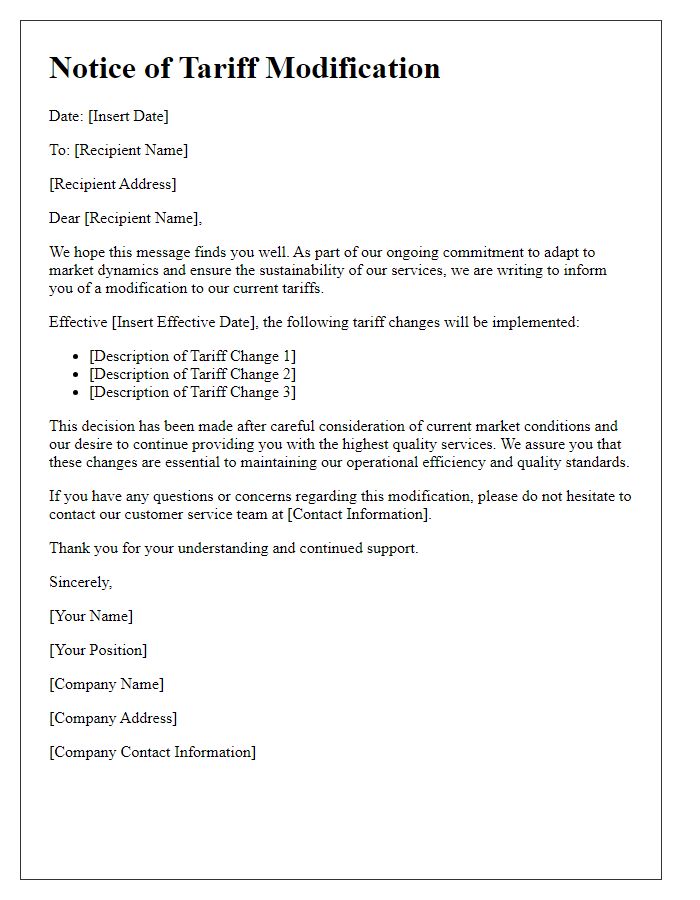 Letter template of tariff modification in response to market dynamics