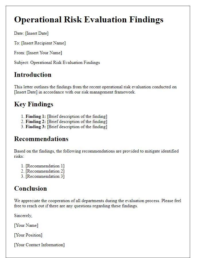 Letter template of operational risk evaluation findings