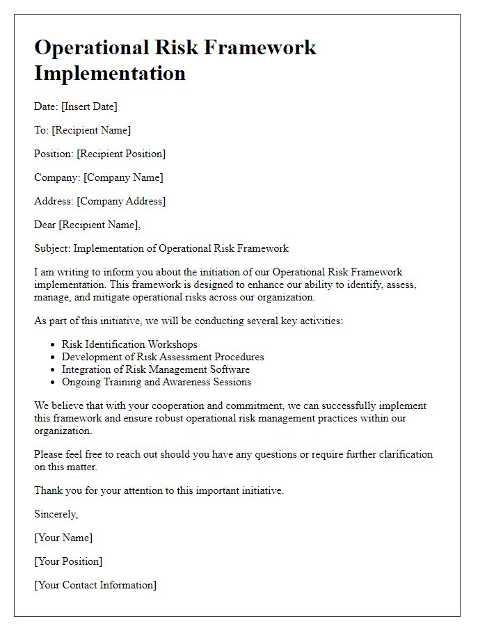 Letter template of operational risk framework implementation