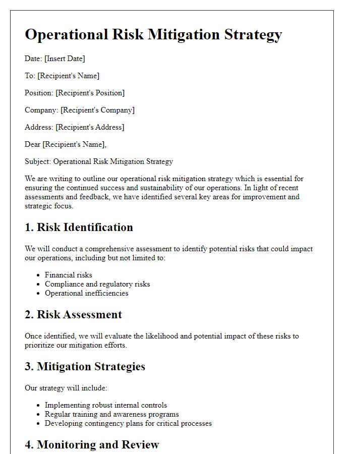 Letter template of operational risk mitigation strategy