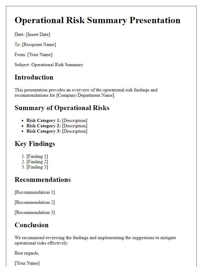 Letter template of operational risk summary presentation