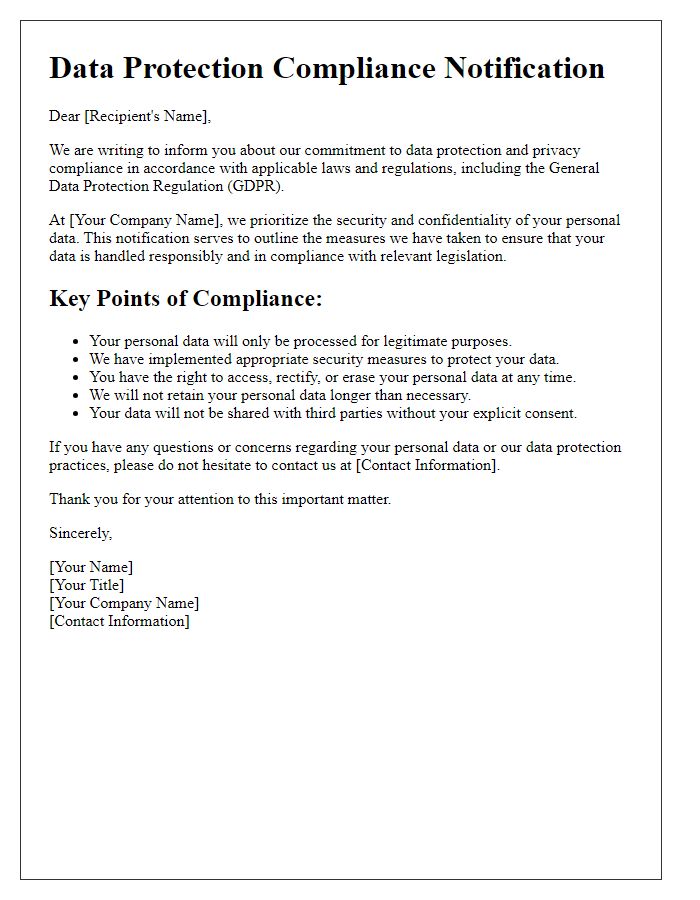 Letter template of data protection compliance notification.