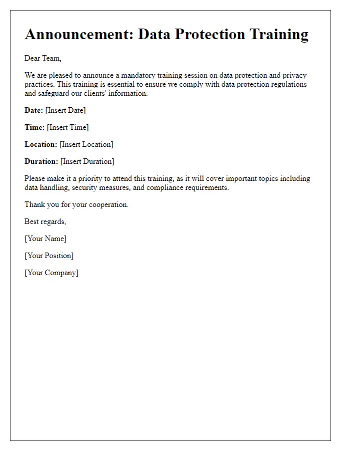 Letter template of data protection training announcement.