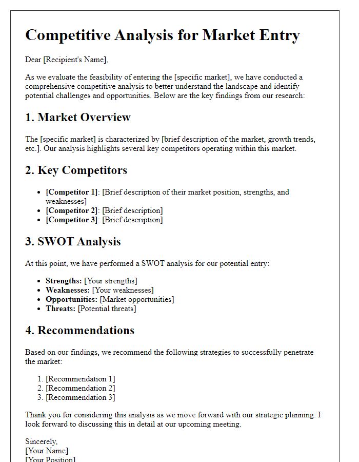 Letter template of competitive analysis for market entry.