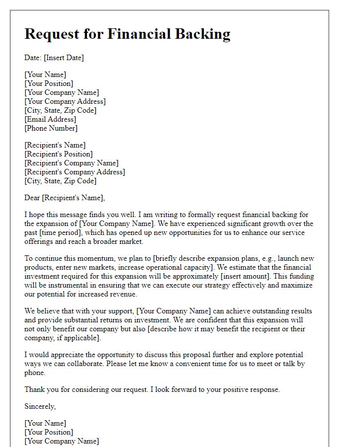 Letter template of financial backing request for expansion.