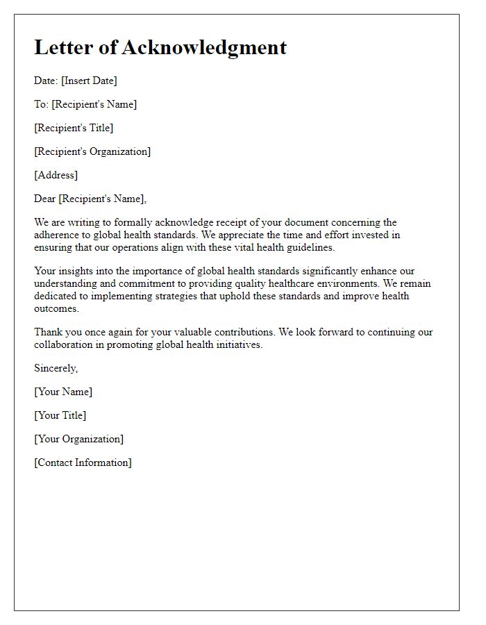 Letter template of acknowledgment for global health standards.