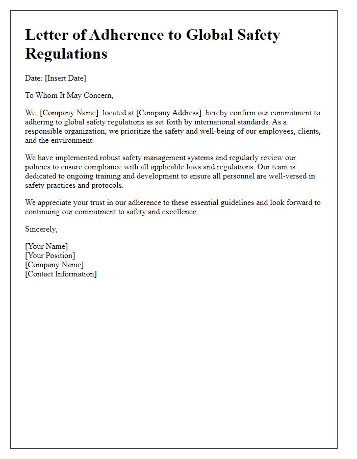 Letter template of adherence to global safety regulations.