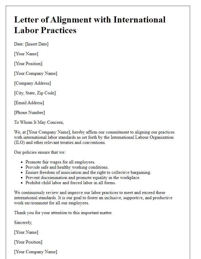 Letter template of alignment with international labor practices.