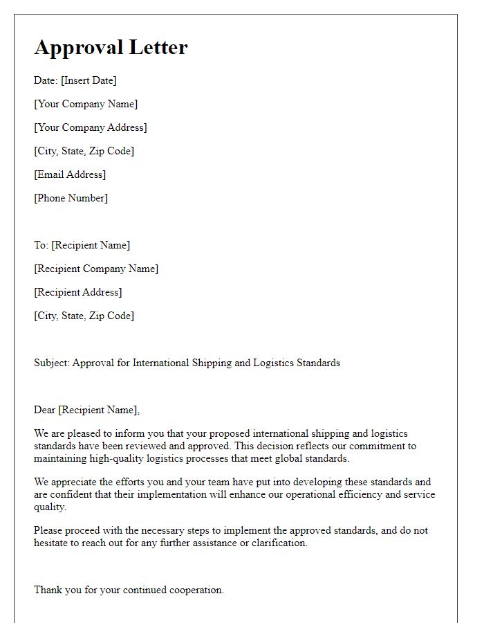 Letter template of approval for international shipping and logistics standards.