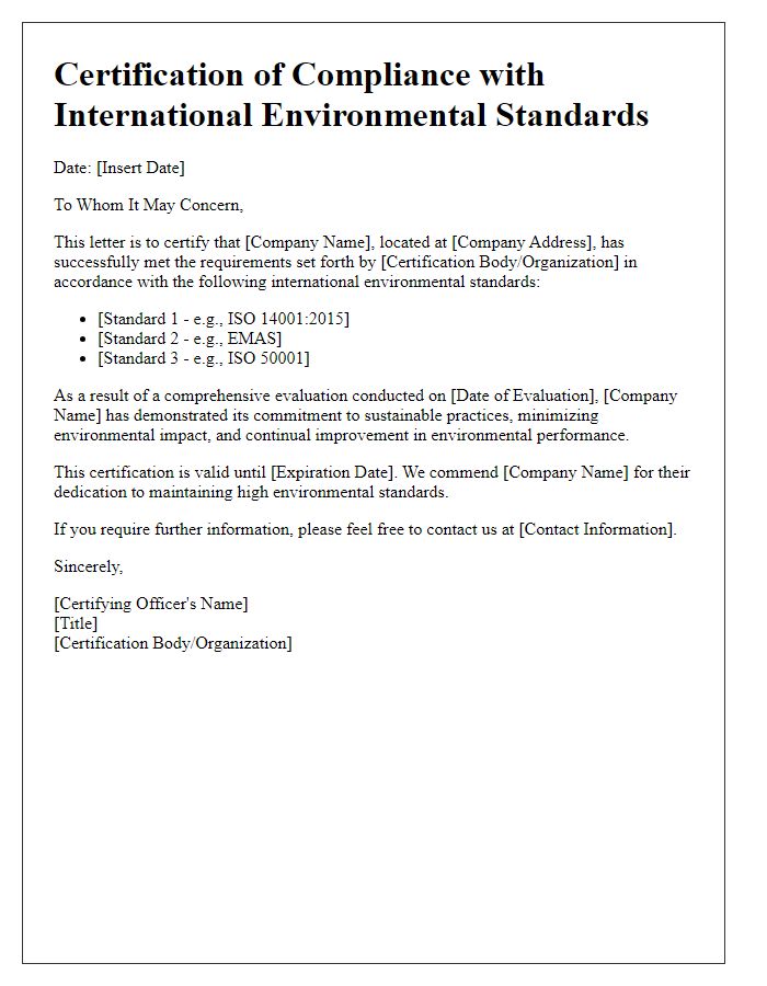 Letter template of certification for international environmental standards.