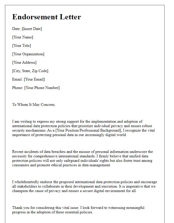 Letter template of endorsement for international data protection policies.