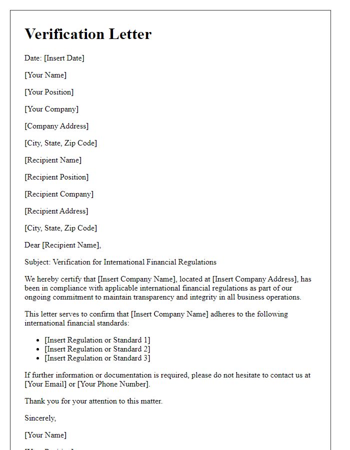 Letter template of verification for international financial regulations.