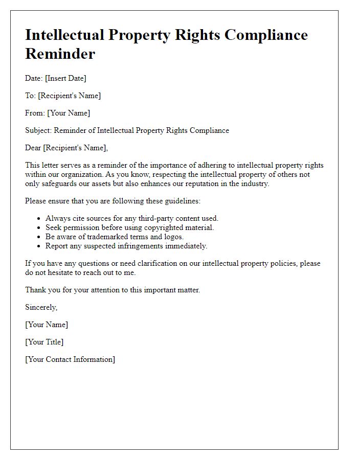 Letter template of intellectual property rights compliance reminder