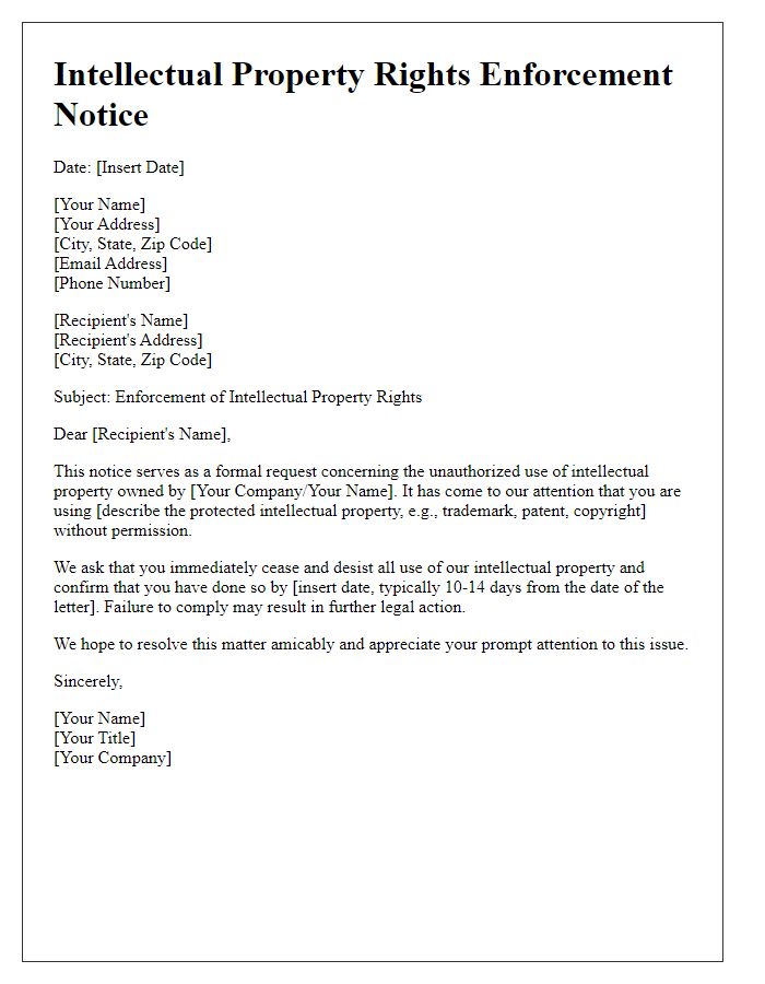 Letter template of intellectual property rights enforcement notice