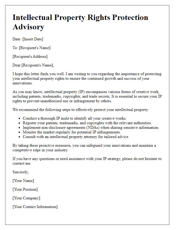 Letter template of intellectual property rights protection advisory