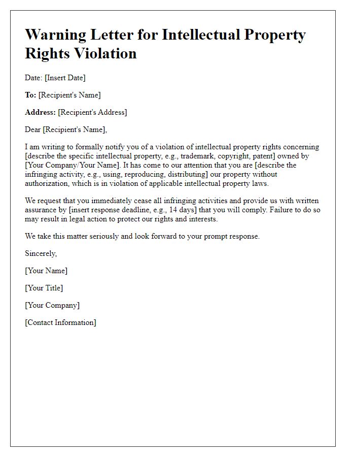 Letter template of intellectual property rights violation warning