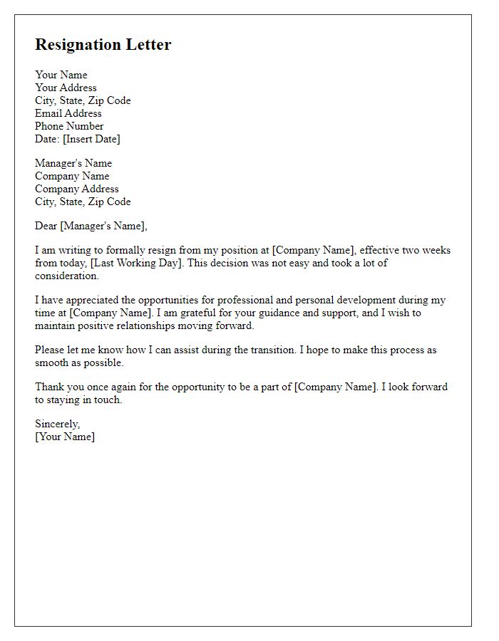 Letter template of resignation with two weeks notice for a corporate job.