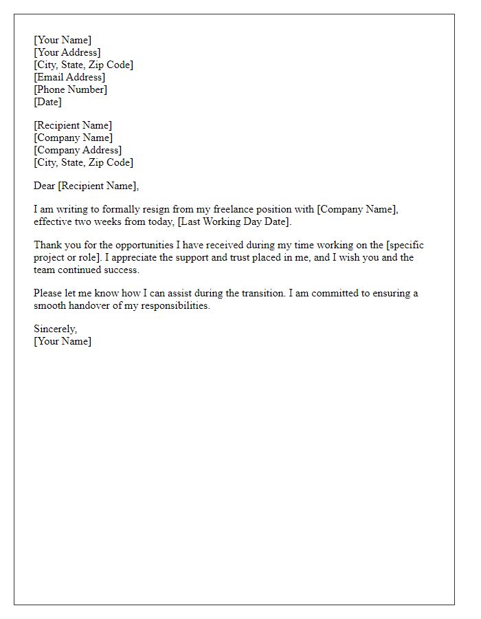 Letter template of resignation with two weeks notice for a freelance job.